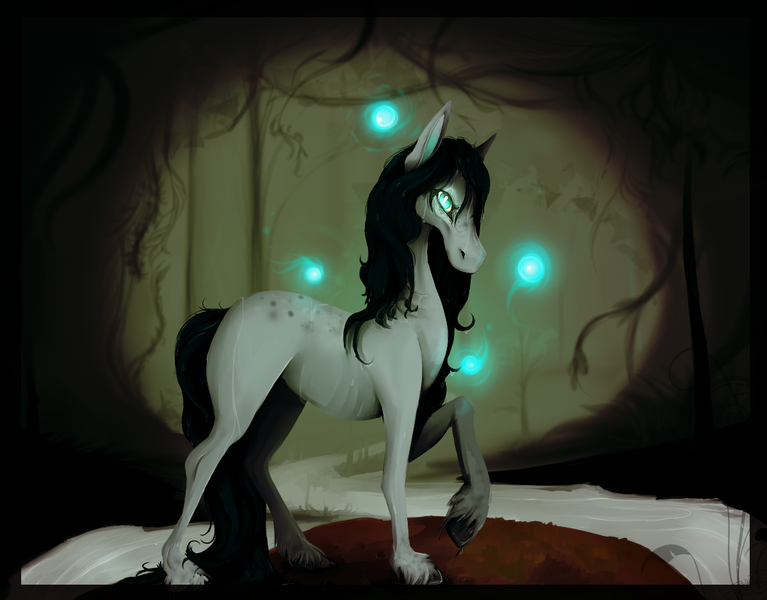 Size: 1198x937 | Tagged: artist:littlesightless, demon, derpibooru import, firefly (insect), insect, kelpie, oc, oc:harpoon, safe, swamp, the dark fairy tale, unofficial characters only, will o' the wisp