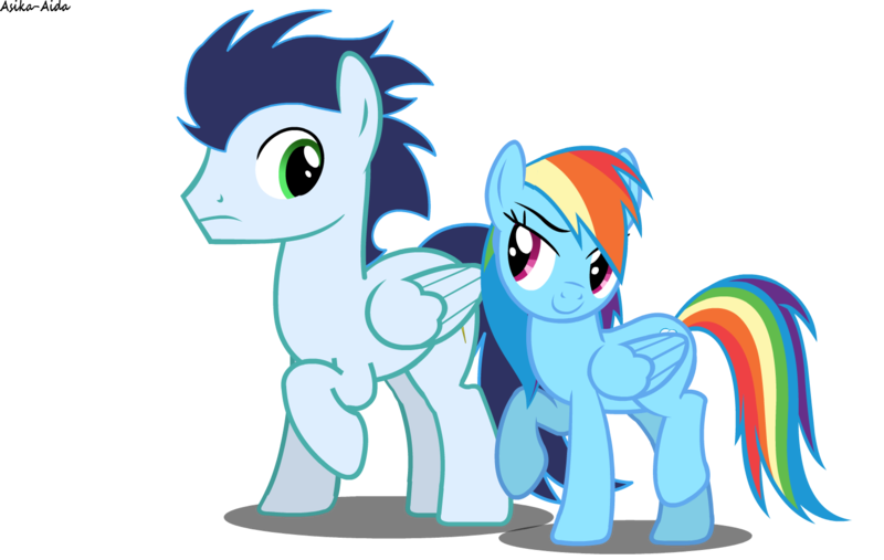 Size: 1500x950 | Tagged: safe, artist:asika-aida, derpibooru import, rainbow dash, soarin', double rainboom puppet, female, flirting, male, raised leg, seductive, shipping, smiling, soarindash, straight