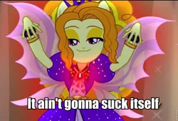 Size: 794x540 | Tagged: suggestive, derpibooru import, edit, edited screencap, screencap, adagio dazzle, equestria girls, rainbow rocks, :3, caption, female, fin wings, image macro, it ain't gonna suck itself, meme, ponied up, smiling, text, wings