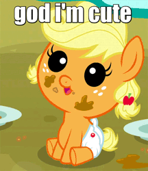Size: 500x578 | Tagged: safe, derpibooru import, edit, screencap, applejack, earth pony, pony, apple family reunion, :p, animated, baby, baby pony, babyjack, blinking, caption, cute, female, foal, god that's cute, image macro, jackabetes, meme, sitting, solo, text, tongue out, younger