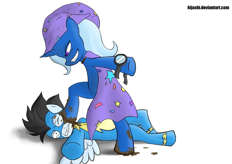 Size: 2560x1810 | Tagged: semi-grimdark, artist:hijashi, derpibooru import, soarin', trixie, pony, bipedal