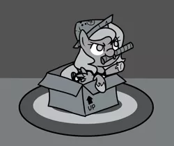 Size: 1780x1500 | Tagged: artist:llamacheesecake, box, cardboard box, cartographer's cap, cute, derpibooru import, female, filly, grayscale, hat, leaning, monochrome, moonstuck, mouth hold, pointing, princess luna, safe, smiling, smirk, solo, woona, younger