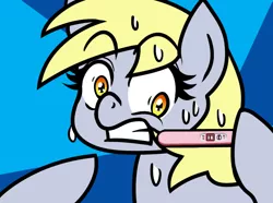 Size: 636x474 | Tagged: safe, artist:outofworkderpy, derpibooru import, derpy hooves, dinky hooves, pegasus, pony, abstract background, equestria's best mother, eyebrows visible through hair, female, gritted teeth, mare, meme, outofworkderpy, pregnancy test, pregnancy test meme, pregnant, solo, sweat, unwanted pregnancy