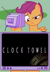 Size: 564x800 | Tagged: clock tower (video game), confused, derpibooru import, engrish, exploitable meme, jontron, meme, obligatory pony, safe, scootaloo, towel, tv meme