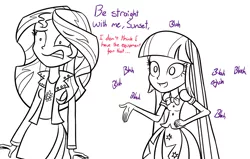 Size: 1100x700 | Tagged: safe, artist:spacekingofspace, derpibooru import, sunset shimmer, twilight sparkle, twilight sparkle (alicorn), alicorn, equestria girls, dialogue, implying, not dirty, shipping