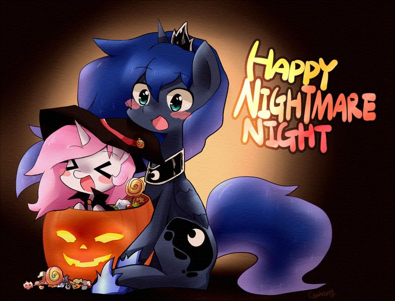 Size: 1280x976 | Tagged: ><, artist:gyaheung, blushing, candy, cewestia, clothes, costume, cute, cutelestia, dead source, derpibooru import, eyes closed, female, filly, food, halloween, holiday, jack-o-lantern, nightmare night, nightmare night costume, open mouth, princess celestia, princess luna, pumpkin, pumpkin bucket, safe, sitting, smiling, xd, younger