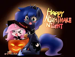 Size: 1280x976 | Tagged: ><, artist:gyaheung, blushing, candy, cewestia, clothes, costume, cute, cutelestia, dead source, derpibooru import, eyes closed, female, filly, food, halloween, holiday, jack-o-lantern, nightmare night, nightmare night costume, open mouth, princess celestia, princess luna, pumpkin, pumpkin bucket, safe, sitting, smiling, xd, younger