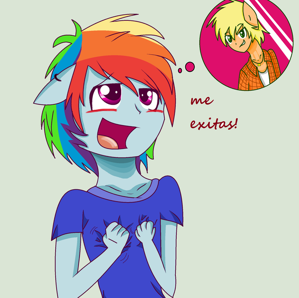 Size: 2016x2008 | Tagged: safe, artist:nederside, derpibooru import, applejack, rainbow dash, anthro, ambiguous facial structure, appleblitz (gay), appledash, applejack (male), female, gay, lesbian, male, rainbow blitz, rule 63, shipping, spanish