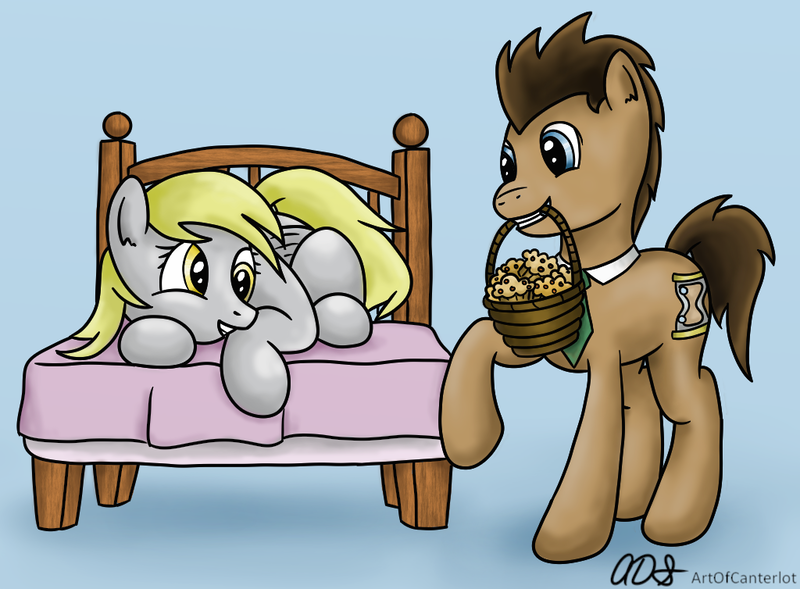 Size: 1024x754 | Tagged: safe, artist:artofcanterlot, derpibooru import, derpy hooves, doctor whooves, time turner, pegasus, pony, basket, bed, equestria's best husband, female, food, mare, muffin