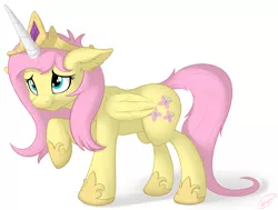 Size: 2500x1885 | Tagged: safe, artist:skipsy, derpibooru import, fluttershy, pegasus, pony, celestia's crown, clothes, cosplay, costume, cute, ear fluff, fake horn, female, floppy ears, jewelry, mare, raised hoof, regalia, shy, shyabetes, shylestia, signature, simple background, solo, white background