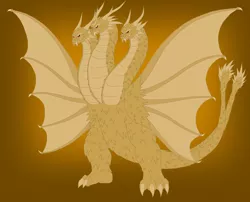 Size: 2996x2425 | Tagged: artist:pyrus-leonidas, barely pony related, derpibooru import, dragon, fanfic art, fanfic:the bridge, godzilla (series), grand king ghidorah, kaiju, king ghidorah, male, multiple heads, orange background, safe, simple background, spread wings, three heads, wings