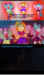 Size: 1032x1756 | Tagged: safe, derpibooru import, adagio dazzle, aria blaze, sonata dusk, kaiju, equestria girls, rainbow rocks, crossover, godzilla, godzilla (series), godzilla 2014, godzilla of justice meme, sleeveless, text