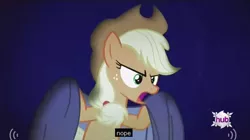 Size: 628x351 | Tagged: applejack, bats!, caption, derpibooru import, edit, edited screencap, hub logo, meme, nope, safe, screencap, solo, youtube caption