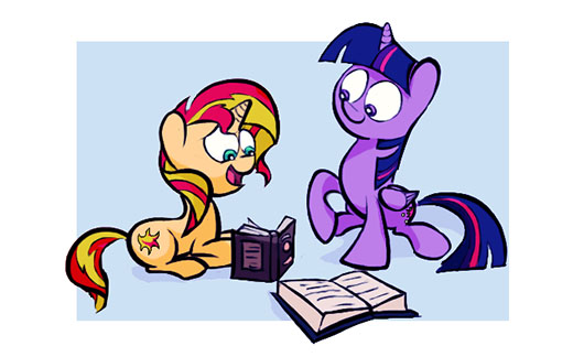 Size: 530x324 | Tagged: safe, artist:nukilik, derpibooru import, sunset shimmer, twilight sparkle, twilight sparkle (alicorn), alicorn, pony, unicorn, equestria girls, book