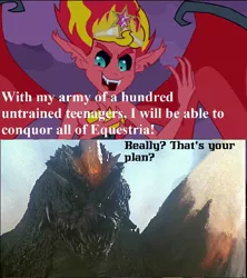 Size: 958x1078 | Tagged: safe, derpibooru import, edit, edited screencap, screencap, sunset shimmer, kaiju, equestria girls, equestria girls (movie), godzilla (series), read in beast wars megatron's voice, spacegodzilla, sunset satan, sunset's terrible plan