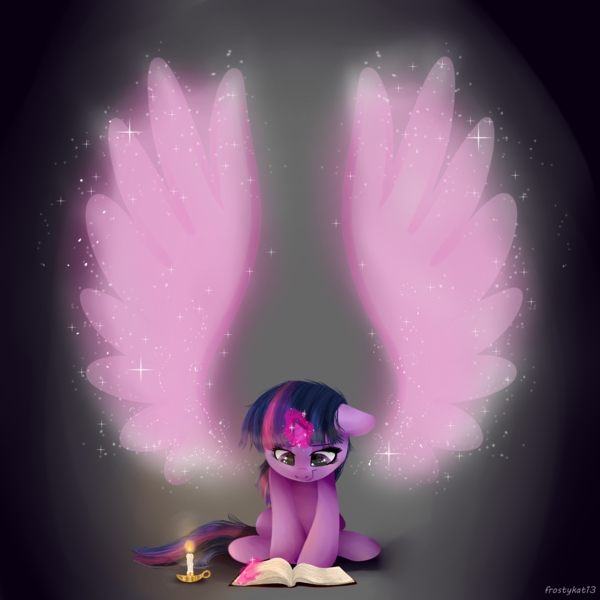 Size: 3000x3000 | Tagged: safe, artist:frostykat13, derpibooru import, twilight sparkle, twilight sparkle (alicorn), alicorn, pony, book, candle, female, filly, foreshadowing, mare, reading, solo, wings, younger