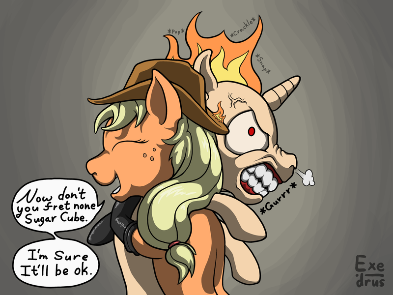 Size: 2048x1536 | Tagged: angry, applejack, artist:exedrus, boots, cowboy hat, derpibooru import, eyes closed, fire, fireproof boots, gritted teeth, growling, hat, hug, it'll be ok, meme, open mouth, pokémon, rage, rage face, rapidash, rapidash twilight, safe, shoes, smiling, snorting, stetson, twilight sparkle, wide eyes