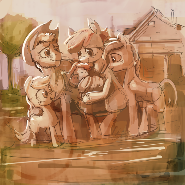 Size: 1227x1227 | Tagged: safe, artist:dimfann, derpibooru import, apple bloom, applejack, big macintosh, granny smith, oc, pony, apple family, applejack's parents, baby, baby apple bloom, baby pony, colt big macintosh, female, filly, filly applejack, male, parent, younger