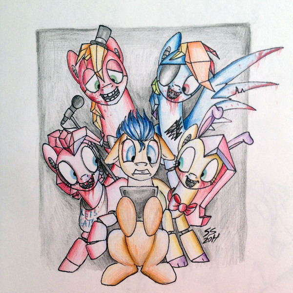 Size: 2448x2448 | Tagged: semi-grimdark, artist:psponyartist, derpibooru import, big macintosh, flash sentry, fluttershy, pinkie pie, rainbow dash, earth pony, pony, five nights at freddy's, male, stallion, traditional art