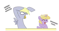 Size: 703x376 | Tagged: safe, artist:egophiliac, derpibooru import, edit, derpy hooves, dinky hooves, pegasus, pony, unicorn, alfalfa monster, cute, derp, equestria's best mother, eyes closed, female, filly, food, mare, muffin, open mouth, simple background, smiling, spread wings, table, transparent background, wide eyes, wings, woonoggles