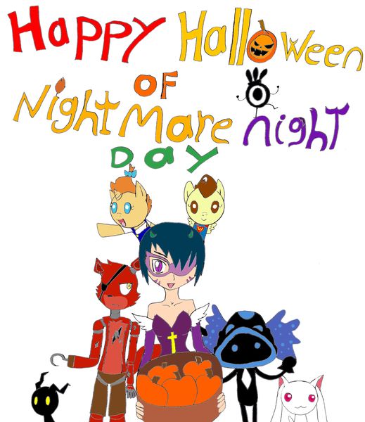 Size: 2481x2868 | Tagged: artist:pokeneo1234, crossover, derpibooru import, five nights at freddy's, fox, foxy, halloween, heartless, holiday, incubator (species), jack-o-lantern, kingdom hearts, kyubey, naughtyfins, nightmare night, patapon, pound cake, puella magi madoka magica, pumpkin, pumpkin cake, safe