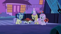 Size: 1366x768 | Tagged: safe, derpibooru import, screencap, alula, applecore, noi, pipsqueak, piña colada, pluto, earth pony, pony, luna eclipsed, clothes, colt, costume, male, nightmare night, nightmare night costume, pirate costume