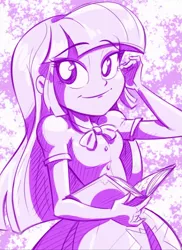 Size: 705x971 | Tagged: safe, artist:lunchie, derpibooru import, twilight sparkle, twilight sparkle (alicorn), alicorn, equestria girls, rainbow rocks, book, monochrome, shine like rainbows, solo