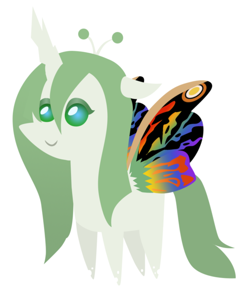 Size: 866x1049 | Tagged: safe, artist:foreshadowart, derpibooru import, changeling, changeling queen, pony, fanfic:the bridge, changelingified, colored wings, fanfic art, female, godzilla (series), kaiju changeling, mothra, mothra lea, multicolored wings, pointy ponies, rainbow wings, simple background, solo, species swap, transparent background, vector, wings