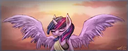 Size: 1969x787 | Tagged: alicorn, anthro, artist:zortail, derpibooru import, eyes closed, flying, safe, solo, speedpaint, spread wings, sunset, twilight sparkle, twilight sparkle (alicorn), wings