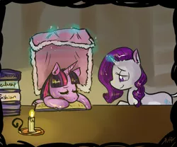 Size: 900x750 | Tagged: safe, artist:puffpink, derpibooru import, rarity, twilight sparkle, twilight sparkle (alicorn), alicorn, pony, book, candle, female, mare, sleeping