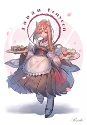 Size: 699x1000 | Tagged: anthro, apron, artist:koyoimitsuki, clothes, cupcake, derpibooru import, food, hakama, human facial structure, kimono (clothing), oc, oc:poniko, pixiv, safe, solo, tea, unofficial characters only, waitress