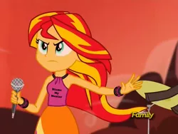 Size: 1422x1072 | Tagged: safe, derpibooru import, edit, edited screencap, idw, screencap, sunset shimmer, equestria girls, rainbow rocks, blame my sister, clothes, luna's shirt, magic shirt, shirt, sunset's shirt meme