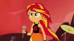 Size: 1280x714 | Tagged: safe, derpibooru import, sunset shimmer, equestria girls, rainbow rocks, autobot, fangirl, insignia, meme, microphone, sunset's shirt meme, transformers