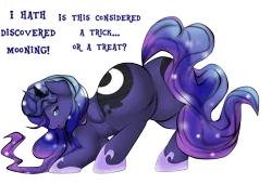 Size: 2233x1517 | Tagged: suggestive, artist:mad'n evil, derpibooru import, princess luna, alicorn, pony, butt, chubby, fat, featureless crotch, grammar error, impossibly wide hips, moon, moonbutt, mooning, plot, presenting, wide hips, ye olde butcherede englishe