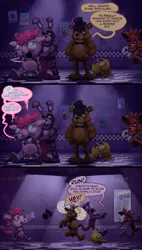 Size: 1024x1806 | Tagged: artist:foolyguy, bonnie, chica, clothes, comic, costume, crossover, derpibooru import, five nights at freddy's, fox, foxy, freddy fazbear, pinkie costume, pinkie pie, pony costume, running, semi-grimdark