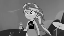 Size: 1280x714 | Tagged: safe, derpibooru import, edit, screencap, sunset shimmer, equestria girls, rainbow rocks, monochrome, nwo, sunset's shirt meme, wcw