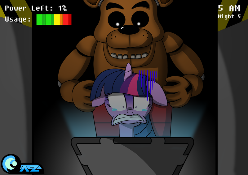 Size: 3508x2480 | Tagged: artist:az-derped-unicorn, crossover, derpibooru import, five nights at freddy's, freddy fazbear, panic, semi-grimdark, twilight sparkle