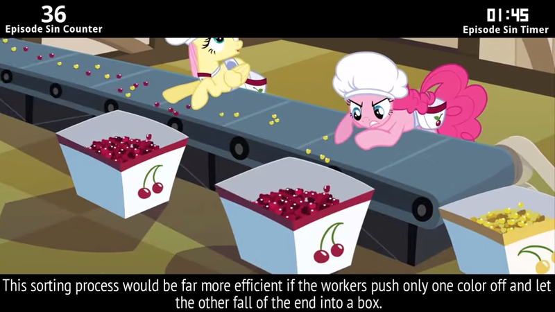 Size: 854x480 | Tagged: bag, chef's hat, cherry, cinemare sins, conveyor belt, derpibooru import, duo, edit, edited screencap, fluttershy, food, hat, pinkie pie, saddle bag, safe, screencap, the last roundup