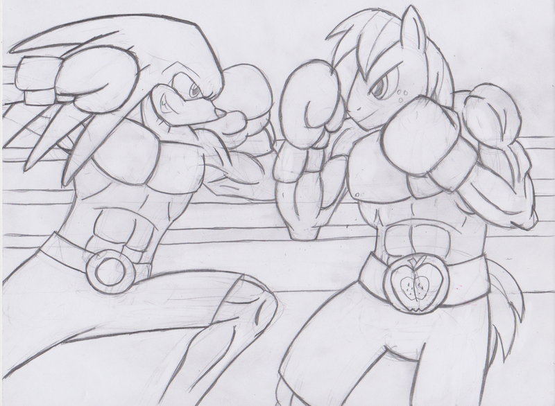 Size: 1652x1211 | Tagged: anthro, artist:sonigoku, big macintosh, boxing, boxing gloves, crossover, derpibooru import, knuckles the echidna, muscles, safe, sonic the hedgehog (series), sports, traditional art