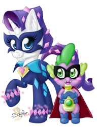 Size: 612x800 | Tagged: safe, artist:unisoleil, derpibooru import, humdrum, radiance, rarity, spike, power ponies (episode), clothes, costume, female, halloween, holiday, male, power ponies, shipping, sparity, straight