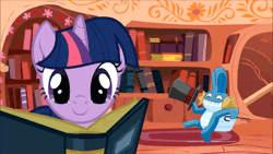Size: 640x360 | Tagged: animated, artist:zeural, book, cane, dancing, derpibooru import, golden oaks library, hat, hello my baby, let's dance in the background, michigan j. frog, mudkip, pokémon, safe, top hat, twilight sparkle