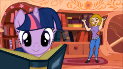 Size: 640x360 | Tagged: animated, artist:duo cartoonist, book, dancing, derpibooru import, golden oaks library, human, large butt, let's dance in the background, safe, tara strong, twilight sparkle, voice actor