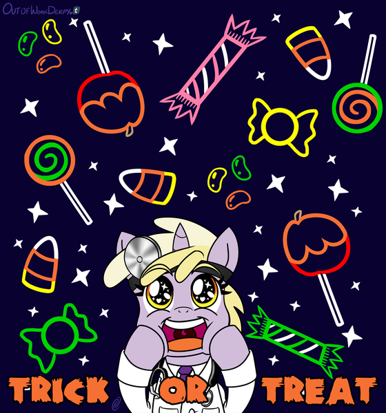 Size: 1400x1500 | Tagged: safe, artist:outofworkderpy, derpibooru import, dinky hooves, pony, unicorn, apple, candy, candy apple (food), clothes, costume, cute, dinkabetes, doctor, excited, female, filly, food, halloween, head mirror, heart eyes, holiday, looking up, nightmare night, open mouth, outofworkderpy, smiling, solo, sparkles, starry eyes, wingding eyes