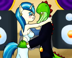 Size: 1582x1268 | Tagged: anthro, artist:sonigoku, blushing, crossover, crossover shipping, derpibooru import, female, male, marriage, safe, shipping, sonic the hedgehog (series), straight, vector the crocodile, vectorvinyl, vinyl scratch, wedding
