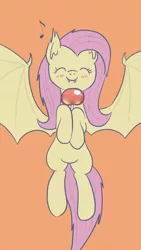 Size: 1080x1920 | Tagged: safe, artist:yo-yall, derpibooru import, fluttershy, bat pony, apple, bat ponified, blushing, candy apple (food), cute, eyes closed, fangs, flutterbat, flying, food, happy, hoof hold, race swap, shyabates, shyabetes, simple background, smiling, solo, spread wings, wings