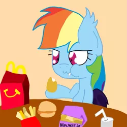 Size: 999x999 | Tagged: safe, artist:mmdfantage, derpibooru import, rainbow dash, bat pony, pony, :3, bat ponified, cute, cute little fangs, fangs, food, french fries, happy meal, mcdonald's, meat, ponies eating meat, race swap, rainbowbat