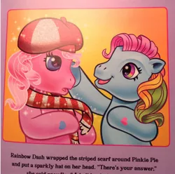 Size: 686x680 | Tagged: safe, derpibooru import, official, pinkie pie, rainbow dash, rainbow dash (g3), g3, blushing, clothes, female, hat, implied shipping, lesbian, pinkiedash, scarf, shipping