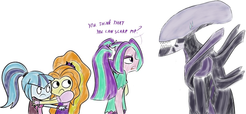 Size: 3554x1653 | Tagged: safe, artist:mishti14, derpibooru import, adagio dazzle, aria blaze, sonata dusk, alien, xenomorph, equestria girls, rainbow rocks, alien (franchise), crossover, scared, the dazzlings