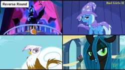 Size: 1282x720 | Tagged: safe, derpibooru import, gilda, nightmare moon, queen chrysalis, trixie, alicorn, changeling, changeling queen, gryphon, pony, unicorn, comic:celestia's servant interview, caption, cs captions, female, interview, mare