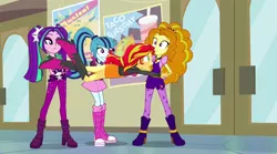 Size: 750x418 | Tagged: safe, derpibooru import, edit, edited screencap, screencap, adagio dazzle, aria blaze, sonata dusk, sunset shimmer, equestria girls, rainbow rocks, spear (move), the dazzlings